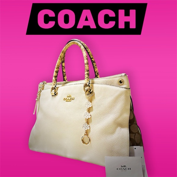 Coach Handbags - Coach shoulder bag Cream Leather Satchel with Signature Trim and Gold Hardware